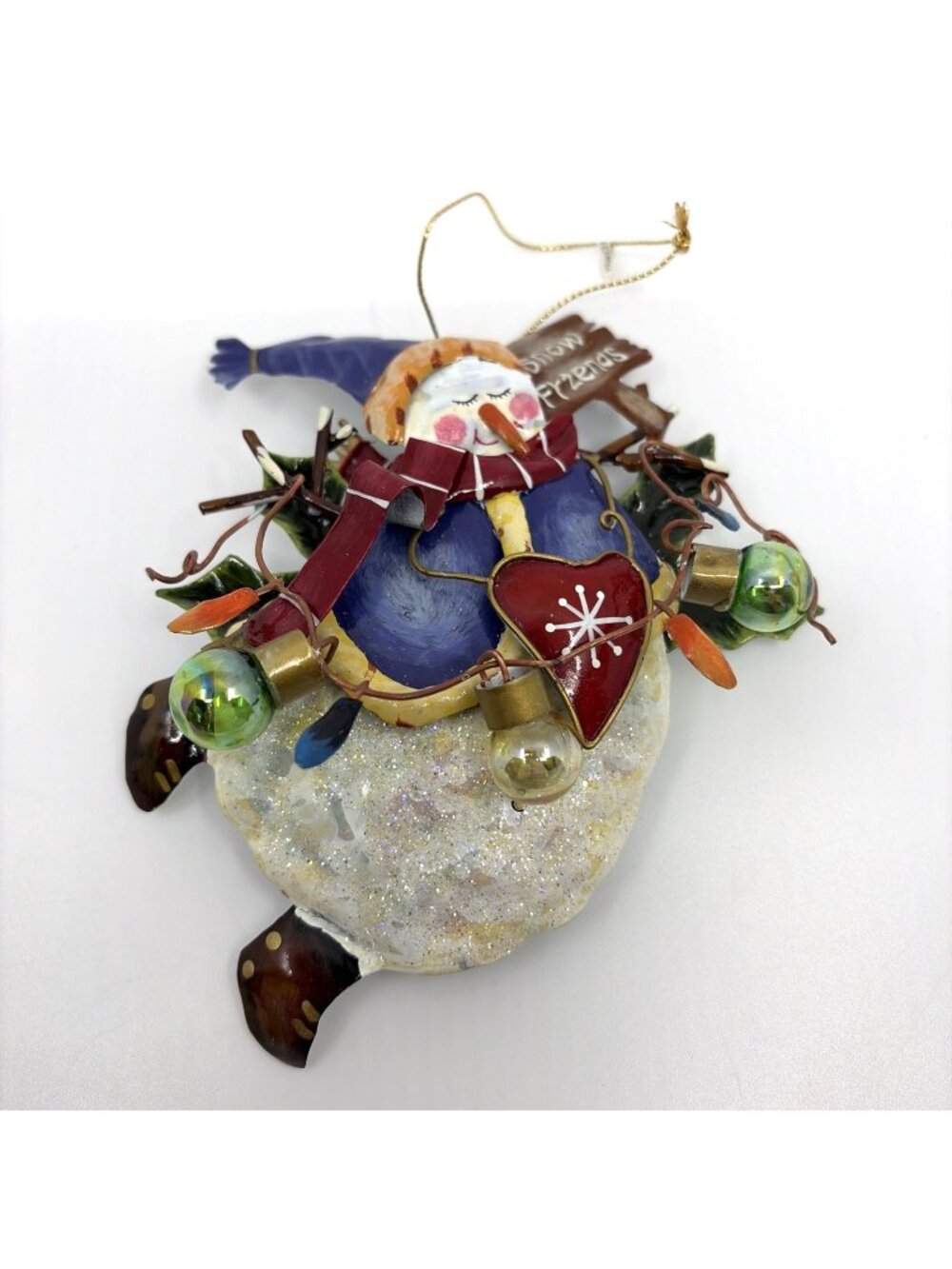 Folk Art 3D Painted Tin Snowman Christmas Ornament Snow Friends Lights Star 6in